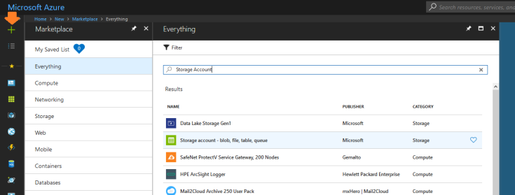 The Azure Portal's "Add Resource" search filter, showing results for "Storage Account."